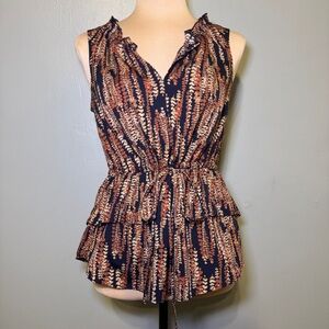 Banana Republic Drawstring Tie Waist Peplum Sleeveless Blouse with Ruffle V-Neck